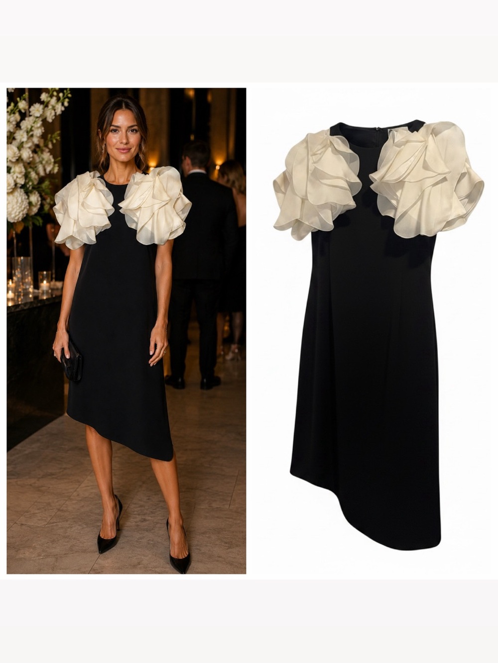 LANVIN Black Midi Dress Silk Organza Ruffle US4 Formal Cocktail Party NWT 🟡